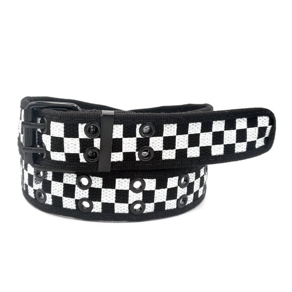 Black White Checkered 2 Holes Row Grommet Canvas Fabric Web Belt Size Medium - Picture 2 of 2